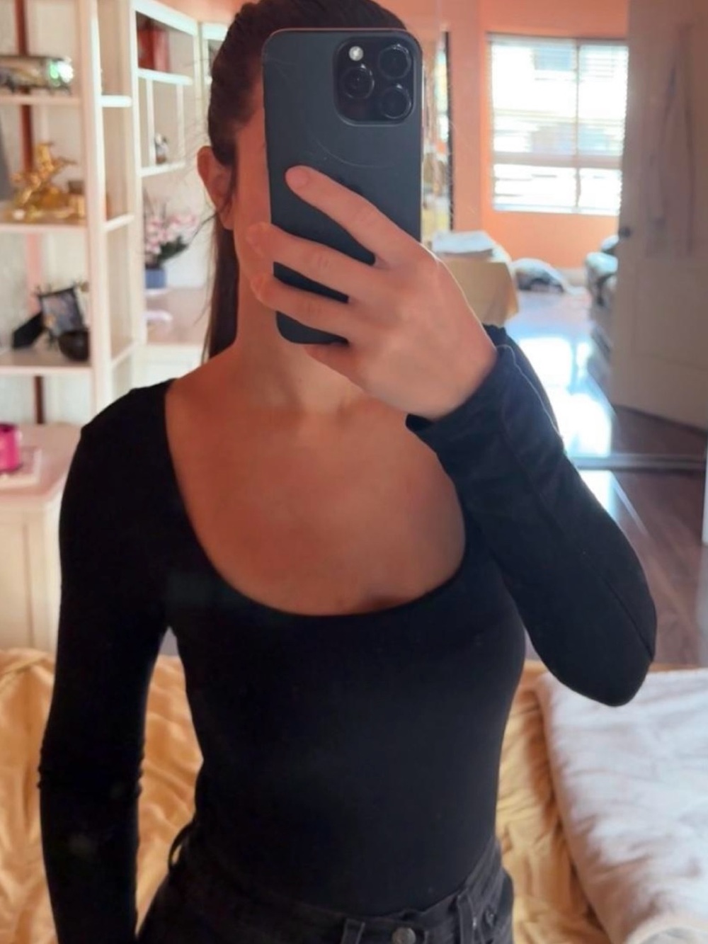 Fashion Nova Black Long Sleeve Scoop Neck Bodysuit Top